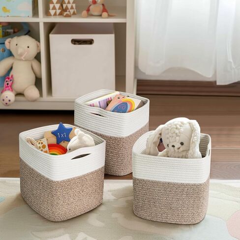 صندوق تخزين مكعب مقاس 11 × 11 - 3 عبوات منظم مكعبات تخزين منسوجة، سلال من الحبال القطنية مقاس 11 بوصة للتنظيم، سلال مربعة للأرفف، صناديق خزانة حضانة الأطفال، منظم صندوق ألعاب المكعب in Kuwait