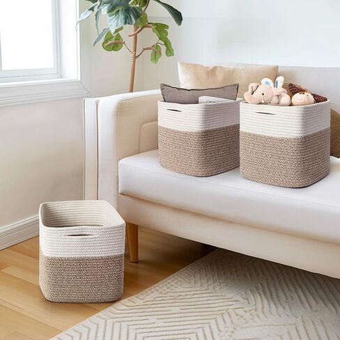 صندوق تخزين مكعب مقاس 11 × 11 - 3 عبوات منظم مكعبات تخزين منسوجة، سلال من الحبال القطنية مقاس 11 بوصة للتنظيم، سلال مربعة للأرفف، صناديق خزانة حضانة الأطفال، منظم صندوق ألعاب المكعب in Kuwait