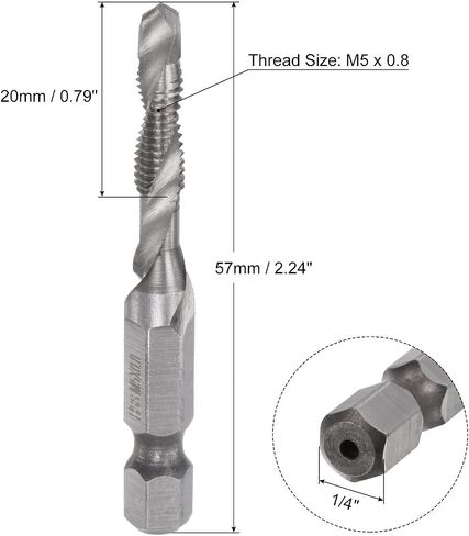Combination Drill and Tap Bit, 1/4" Hex Shank M5 x 0.8 Metric Uncoated High Speed Steel 4341 Spiral Flute Drilling Tapping Tool in Saudi Arabia