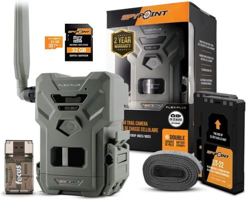 كاميرا Spypoint Flex-Plus الخلوية، صور 36 ميجابكسل، مقاطع فيديو 1080 بيكسل، ثنائي شريحة الاتصال LTE GPS، حزمة بطارية ممتدة مع MicroSD 32 جيجابايت وقارئ بطاقات (3 عناصر) in Saudi Arabia