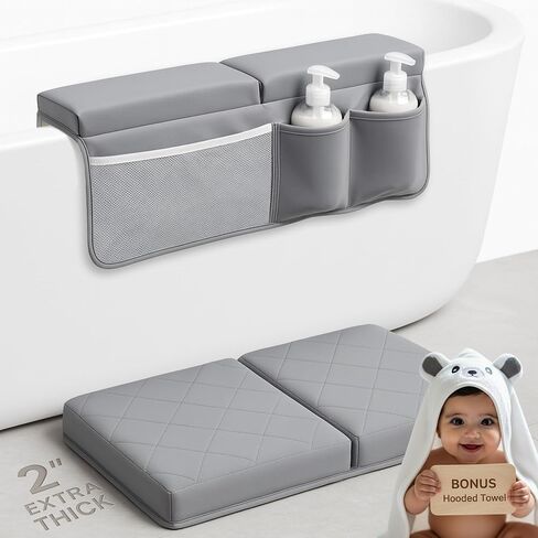Bornealand® 2" Extra Thick Baby Bath Kneeler and Elbow Rest Pad Set + Hooded Towel - Embroidered Kneeling Pad for Bathing Baby - Dual-Layer Memory Foam Bathtub Kneeler and Elbow Rest Set in Saudi Arabia