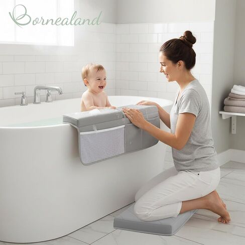 Bornealand® 2" Extra Thick Baby Bath Kneeler and Elbow Rest Pad Set + Hooded Towel - Embroidered Kneeling Pad for Bathing Baby - Dual-Layer Memory Foam Bathtub Kneeler and Elbow Rest Set in Saudi Arabia