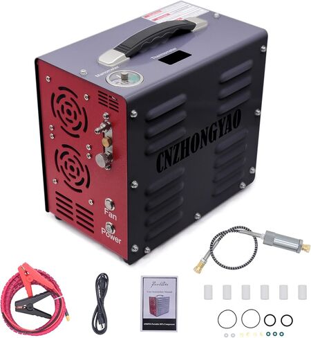 ضاغط هواء محمول PORTAIR 4500PSI HPA، إيقاف تلقائي، خالي من الزيت/الماء، محول طاقة مدمج PCP ضاغط هواء لبندقية الهواء، خزان سكوبا، مدعوم ببطارية السيارة 12 فولت تيار مستمر أو المنزل 110 فولت تيار متردد، 4500 رطل لكل بوصة مربعة/30 ميجاباسكال in Kuwait
