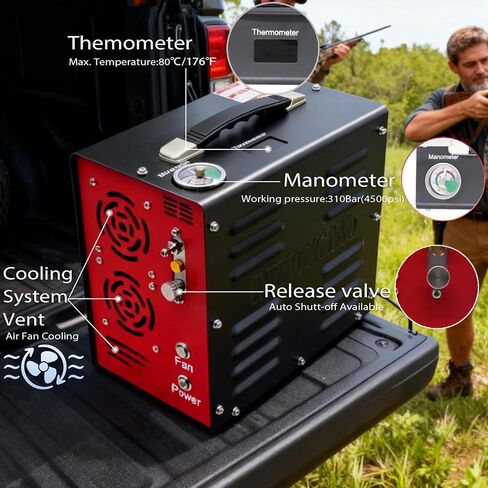 ضاغط هواء محمول PORTAIR 4500PSI HPA، إيقاف تلقائي، خالي من الزيت/الماء، محول طاقة مدمج PCP ضاغط هواء لبندقية الهواء، خزان سكوبا، مدعوم ببطارية السيارة 12 فولت تيار مستمر أو المنزل 110 فولت تيار متردد، 4500 رطل لكل بوصة مربعة/30 ميجاباسكال in Kuwait