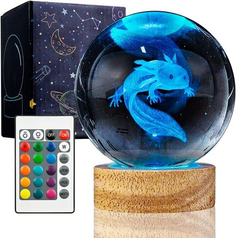 3D Axolotl كريستال الكرة ضوء الليل مع 16 لون LED قاعدة خشبية، ترقية 3.15 بوصة Axolotl مصباح الكرة الزجاجية مع جهاز التحكم عن بعد بارد مكتب ديكور الهدايا للأطفال الفتيات الفتيان الأصدقاء المشجعين in Kuwait