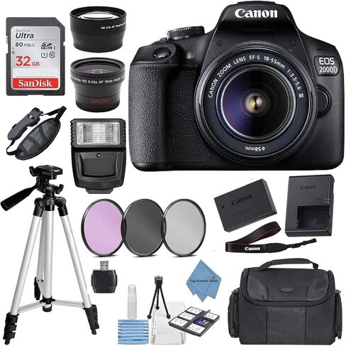 مجموعة كاميرا Canon EOS 2000D Rebel T7 مع عدسة EF-S مقاس 18-55 مم f/3.5-5.6 III + حزمة ملحقات + قطعة قماش من TopKnotch Deals in Kuwait