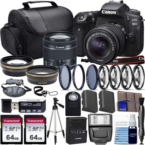 Canon EOS 90D DSLR Camera with EF-S 18-55mm STM Lens, 3 Lens Bundle, 128GB Memory, Accessories (Renewed) - Black in Saudi Arabia