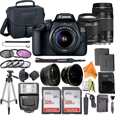 Canon EOS 4000D / Rebel T100 DSLR Camera 18-55mm & 75-300mm Lens + ZeeTech Accessory Bundle with 2 Pack SanDisk 128GB Memory Card, Case, Tripod and Telephoto & Wideangle Lenses Kit (Renewed) in Saudi Arabia