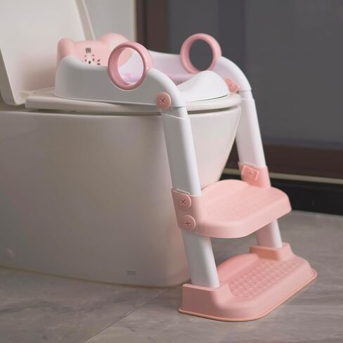 مقعد تدريب على استخدام المرحاض، مقعد مرحاض قابل للطي مع وسادة ناعمة، مناسب لكل من الأولاد والبنات، مع مقعد للخطوات مضاد للانزلاق وواقي من الرذاذ (وردي) in Kuwait