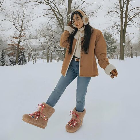 Women Snow Boots Faux Fur Mid Calf Boots Lace-up Fluffy Fuzzy Warm Comfortable Non-slip Round Toe Winter Flats Shoes in Saudi Arabia