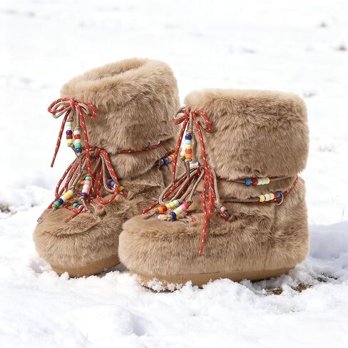 Women Snow Boots Faux Fur Mid Calf Boots Lace-up Fluffy Fuzzy Warm Comfortable Non-slip Round Toe Winter Flats Shoes in Saudi Arabia
