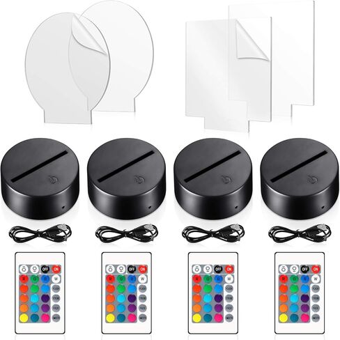 Honoson 4 Pcs 3D Night LED Light Lamp Base with 4 Pcs Clear Acrylic Sheets Remote Control USB Cable Adjustable 16 Colors 4 Modes Base Show Stand for Christmas Room Restaurant Bar Shop(Black Style) in Saudi Arabia