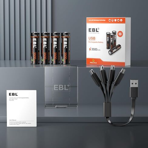 بطاريات ليثيوم AA قابلة لإعادة الشحن من EBL، 4 عبوات، بطارية مزدوجة A 1.5 فولت 3500 مللي واط في الساعة 1600+ دورة شحن سريع لمدة ساعتين مع كابل USB-C in Saudi Arabia