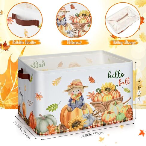 Thanksgiving Basket Empty Fall Gift Basket Pumpkin Maple Leaf Scarecrow Cart Hello Fall Storage Bins Thanksgiving Harvest Organizer Box for Clothes Toy Nursery Hamper Laundry Room Decoration in Saudi Arabia