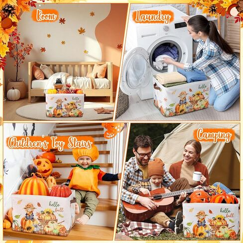 Thanksgiving Basket Empty Fall Gift Basket Pumpkin Maple Leaf Scarecrow Cart Hello Fall Storage Bins Thanksgiving Harvest Organizer Box for Clothes Toy Nursery Hamper Laundry Room Decoration in Saudi Arabia