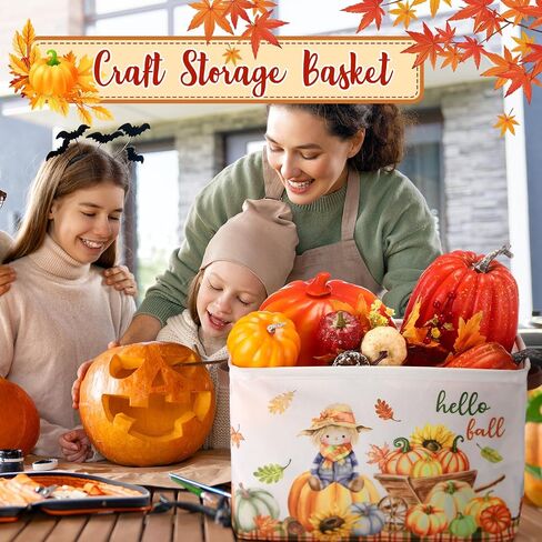 Thanksgiving Basket Empty Fall Gift Basket Pumpkin Maple Leaf Scarecrow Cart Hello Fall Storage Bins Thanksgiving Harvest Organizer Box for Clothes Toy Nursery Hamper Laundry Room Decoration in Saudi Arabia