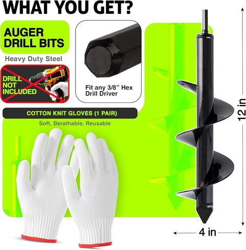 2pk Auger Drill Bit for Planting with Gloves (1.6 x 16 Inch & 3.5 x 16 Inch Set) - Heavy Duty Garden Spiral and Bulb Planter Tool for Digging Holes - Compatible with 3/8 Inch Hex Drive in Saudi Arabia