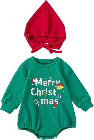 2Pcs Newborn Christmas Outfit Baby Girl Boy Christmas Romper with Hat Fall Winter Infant Long Sleeve Top Clothes in Kuwait