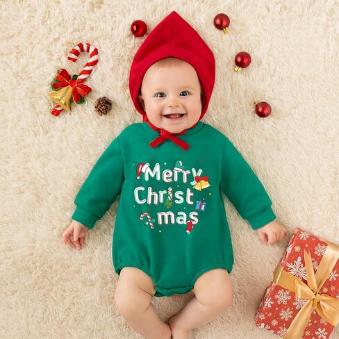 2Pcs Newborn Christmas Outfit Baby Girl Boy Christmas Romper with Hat Fall Winter Infant Long Sleeve Top Clothes in Kuwait