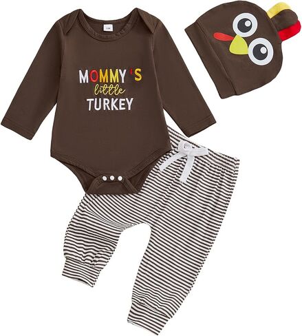 Newborn Baby Boy Thanksgiving Outfit Long Sleeve Letter Embroidery Romper Stripe Pants Turkey Hat Set Infant Clothes in Saudi Arabia