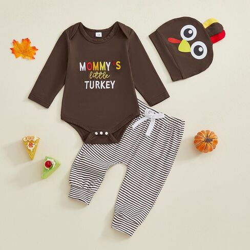 Newborn Baby Boy Thanksgiving Outfit Long Sleeve Letter Embroidery Romper Stripe Pants Turkey Hat Set Infant Clothes in Saudi Arabia
