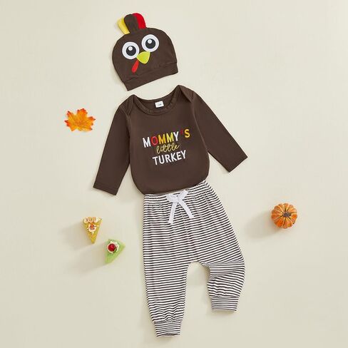 Newborn Baby Boy Thanksgiving Outfit Long Sleeve Letter Embroidery Romper Stripe Pants Turkey Hat Set Infant Clothes in Saudi Arabia