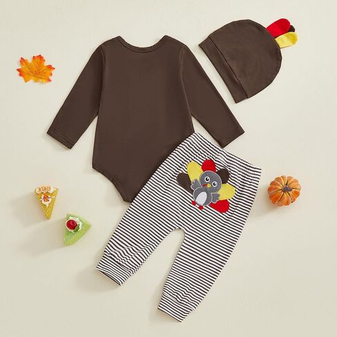 Newborn Baby Boy Thanksgiving Outfit Long Sleeve Letter Embroidery Romper Stripe Pants Turkey Hat Set Infant Clothes in Saudi Arabia