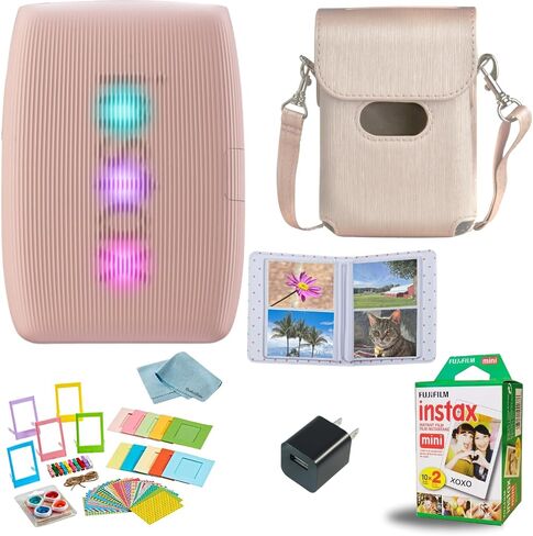 طابعة Fujifilm INSTAX Mini Link 3 للهواتف الذكية + فيلم INSTAX Mini الفوري (20 ورقة) + شاحن حائط USB + حقيبة سفر BluebirdSales، ألبوم صور، قطعة قماش للتنظيف من الألياف الدقيقة (وردي وردي) in Saudi Arabia