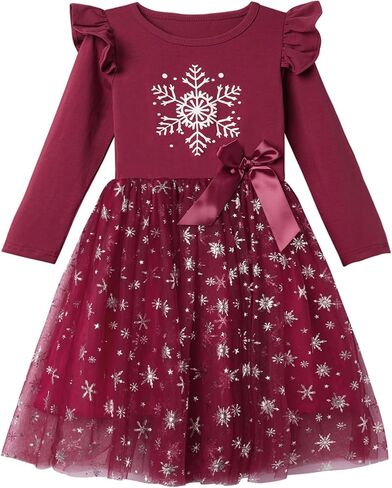 Niyage Girls Christmas Dress Ruffle Long Sleeve Sparkle Snowflake Tulle Tutu Toddler Xmas Holiday Party Dresses in Kuwait
