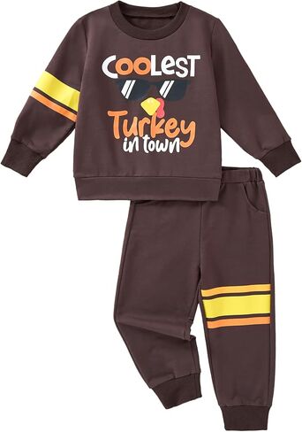 Toddler Boy Thanksgiving Outfit Long Sleeve Coolest Turkey In Town Sweatshirts Tops and Sweatpants in Kuwait