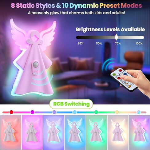إضاءة ليلية متغيرة الألوان مع 8 أوضاع ثابتة و10 أوضاع RGB، قابلة لإعادة الشحن عبر USB، مستشعر للحركة - هدية مثالية للأطفال لغرف النوم وغرف اللعب in Kuwait