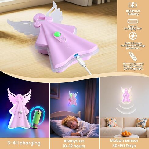 إضاءة ليلية متغيرة الألوان مع 8 أوضاع ثابتة و10 أوضاع RGB، قابلة لإعادة الشحن عبر USB، مستشعر للحركة - هدية مثالية للأطفال لغرف النوم وغرف اللعب in Kuwait