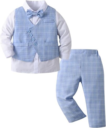 Baby Boys Pants Sets, Infant Long Sleeve Shirt + Pants + Bow Tie + Vest Outfits in Kuwait