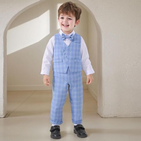 Baby Boys Pants Sets, Infant Long Sleeve Shirt + Pants + Bow Tie + Vest Outfits in Kuwait