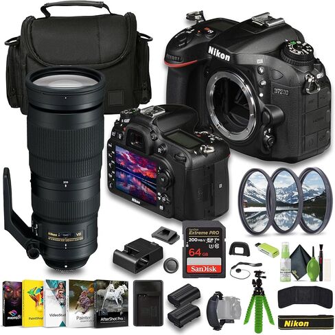 كاميرا Nikon D7200 الرقمية ذات العدسة الأحادية العاكسة بدقة 24.2 ميجابكسل بصيغة DX + بطارية EN-EL15C + بطاقة Extreme PRO سعة 64 جيجابايت + قارئ بطاقات + حزام يد + برنامج تحرير الصور عدسة AF-S NIKKOR مقاس 200-500 مم f/5.6E ED VR + المزيد in Kuwait