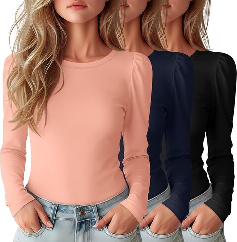 3 Pack Girls Puff Long Sleeve Shirts Soft Crew Neck Layering Tops Kids Fall Basic T Shirts Solid Casual Tees in Saudi Arabia