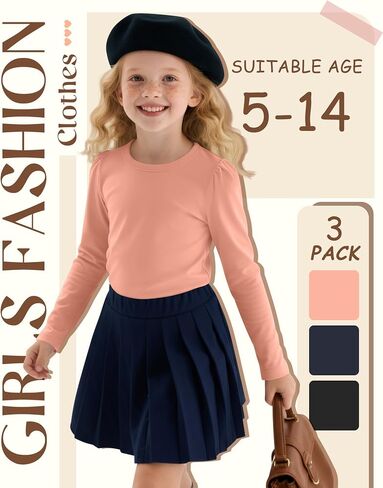 3 Pack Girls Puff Long Sleeve Shirts Soft Crew Neck Layering Tops Kids Fall Basic T Shirts Solid Casual Tees in Saudi Arabia