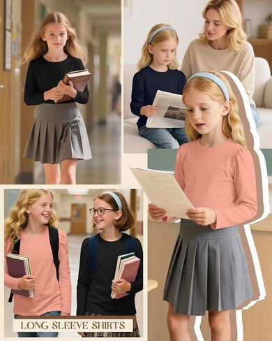 3 Pack Girls Puff Long Sleeve Shirts Soft Crew Neck Layering Tops Kids Fall Basic T Shirts Solid Casual Tees in Saudi Arabia