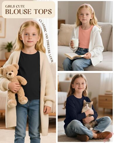 3 Pack Girls Puff Long Sleeve Shirts Soft Crew Neck Layering Tops Kids Fall Basic T Shirts Solid Casual Tees in Saudi Arabia