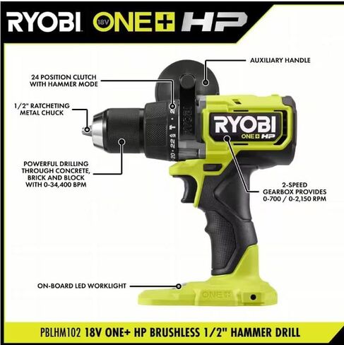 RYOBI ONE+ HP 18V بدون فرش لاسلكي 1/2 بوصة. مثقاب مطرقي (أداة فقط) (متجدد) in Kuwait