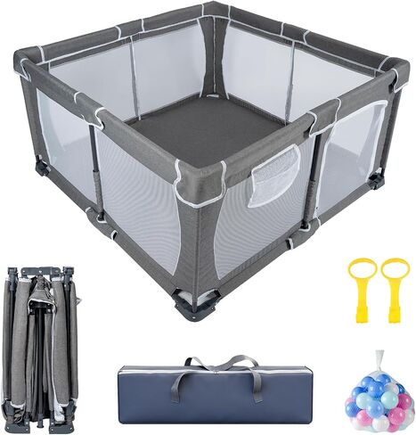 Foldable Baby Playpen,PlayPens for Babies and Toddlers，Indoor Outdoor Safety Play Area, Portable Child Activity Large Collapsible Play Yard，Folding Fence (Cationic Fabric-Grey, 50"x50") in Saudi Arabia