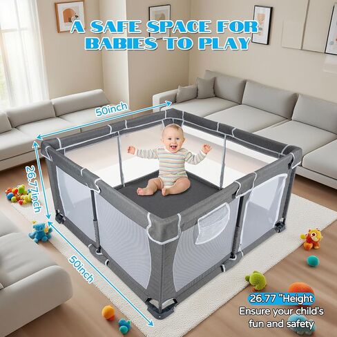 Foldable Baby Playpen,PlayPens for Babies and Toddlers，Indoor Outdoor Safety Play Area, Portable Child Activity Large Collapsible Play Yard，Folding Fence (Cationic Fabric-Grey, 50"x50") in Saudi Arabia