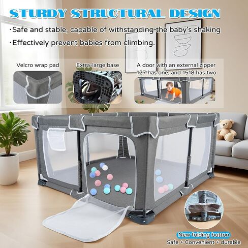 Foldable Baby Playpen,PlayPens for Babies and Toddlers，Indoor Outdoor Safety Play Area, Portable Child Activity Large Collapsible Play Yard，Folding Fence (Cationic Fabric-Grey, 50"x50") in Saudi Arabia