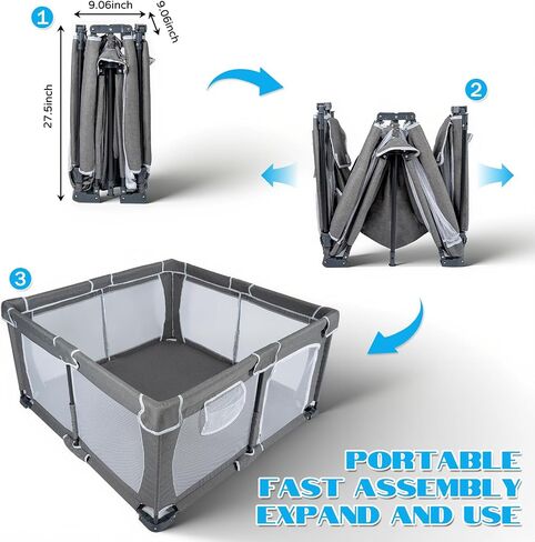Foldable Baby Playpen,PlayPens for Babies and Toddlers，Indoor Outdoor Safety Play Area, Portable Child Activity Large Collapsible Play Yard，Folding Fence (Cationic Fabric-Grey, 50"x50") in Saudi Arabia
