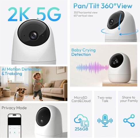 Rraycom Indoor Camera 5G&2.4G,2K Pan/Tilt Security Camera for Baby Monitor w/Cry Detection, Dog Camera w/Motion Detection, Human/Pet Auto Tracking,2-Way Audio, Night Vision,Siren,Works w/Alexa in Kuwait