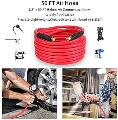 بونو 1/4 بوصة × 50 قدم خرطوم هواء هجين هوائي، 300 رطل لكل بوصة مربعة خرطوم هواء مطاطي مناسب لجميع الأحوال الجوية مع موصل صناعي من النحاس الصلب، خفيف الوزن، مضاد للالتواء، مرن in Kuwait