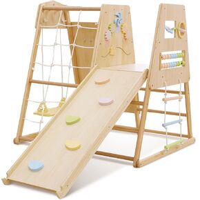 Avenlur Cherry 5-in-1 Wooden Indoor Climber – Montessori Toddler Play Gym with Slide, Rock Wall, Rope Ladder, Sensory Panel & Swing – Indoor Playground for Kids Ages 18 Months to 5 Years in Kuwait