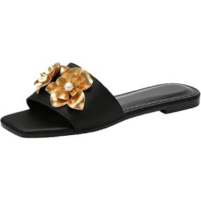 Women'S Pu Square Open Toe Flat Sandals With Metal 3d Flowers Fashion Single Band Slip On Comfortable Soft Wide Sole Non-Slip Dressy Slides For Summer Vacation Beach Causal Walking in Kuwait