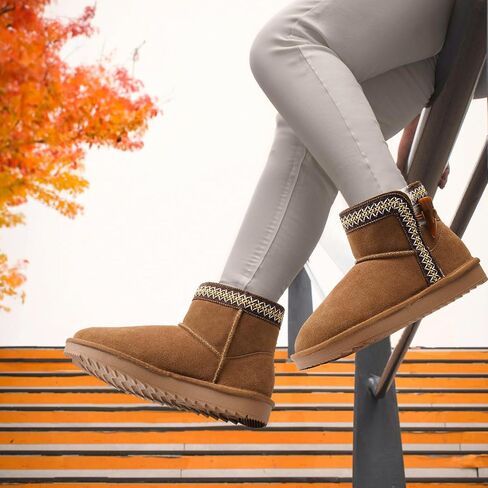 Dodow Womens Genuine Suede Winter Boots Mini Warm Fur Lined Ankle Slip On Snow Booties in Saudi Arabia