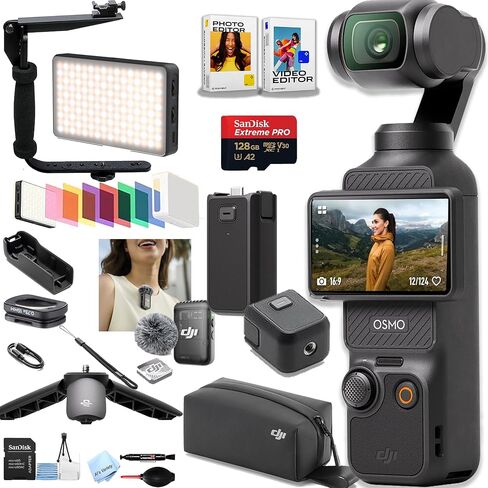 مجموعة DJI Osmo Pocket 3 Creator، كاميرات تسجيل الفيديو، كاميرا تسجيل فيديو بدقة 4K/120 إطارًا في الثانية، تثبيت ثلاثي المحاور، تتبع الوجه/الأشياء، ميكروفون متضمن + ذاكرة 128 جيجابايت، ضوء فيديو، دعامة + المزيد (حزمة 27 قطعة) in Kuwait